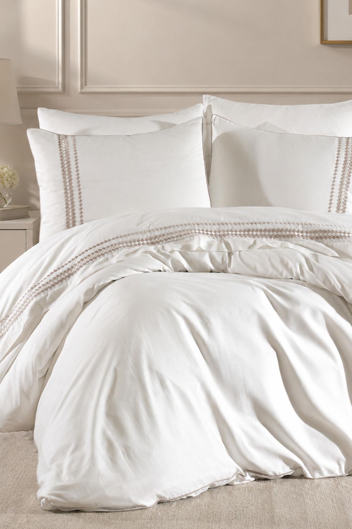 Benita Herringbone Embroidered Cotton Satin Double 6-Piece Duvet Cover Set