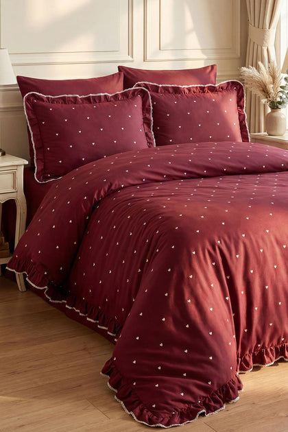 Amore Heart Embroidered Cotton Satin Single 4-Piece Duvet Cover Set