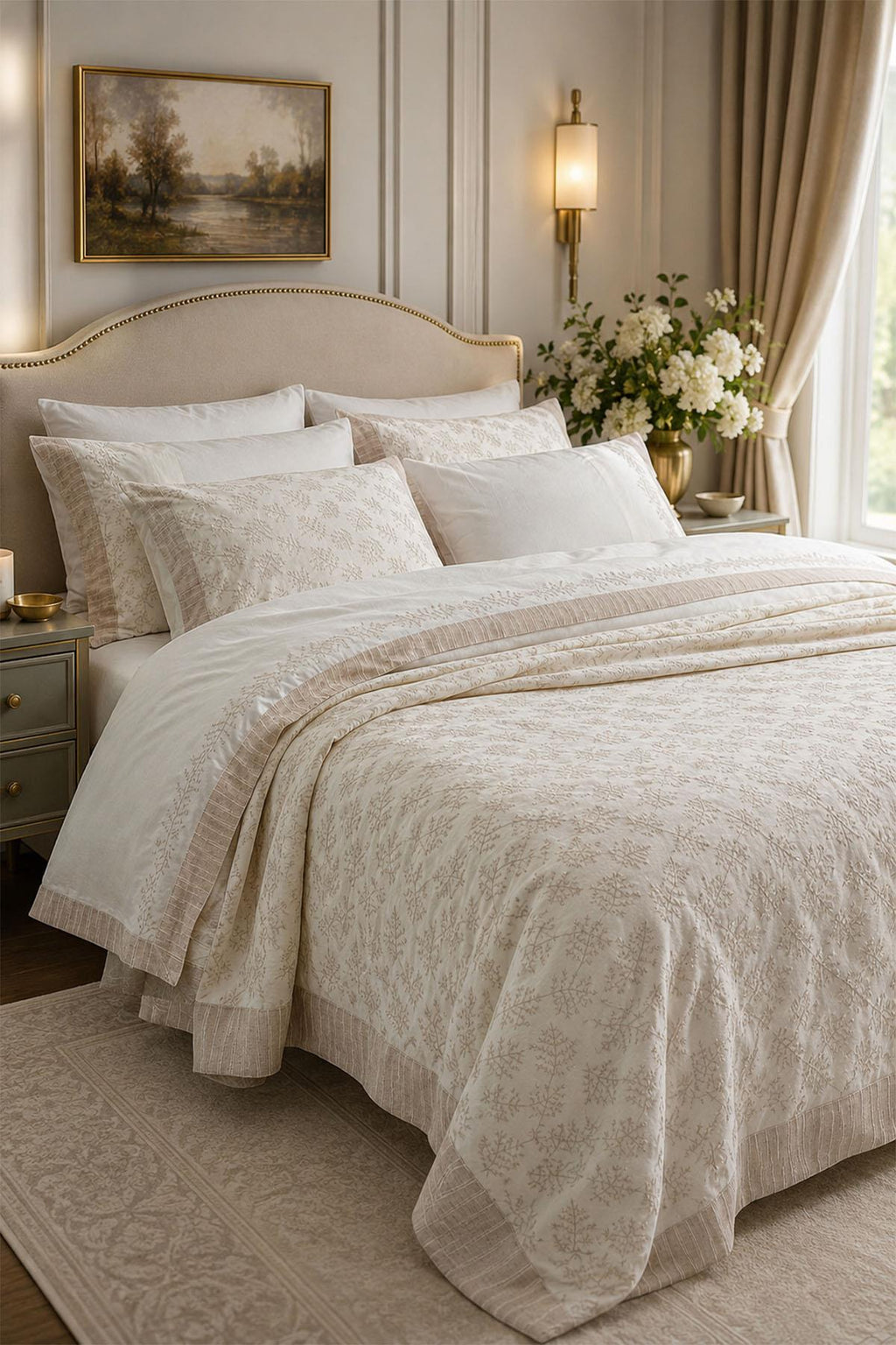 Arista Leaf Embroidered Double 9-Piece Duvet Cover + Blanket Set