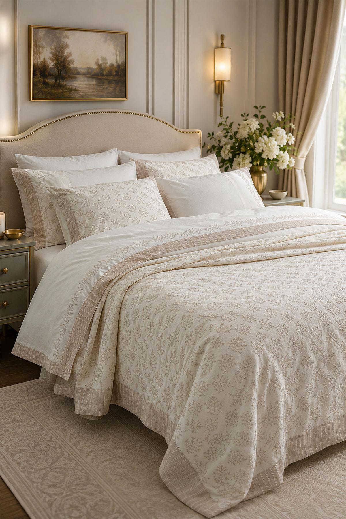 Arista Leaf Embroidered Double 9-Piece Duvet Cover + Blanket Set