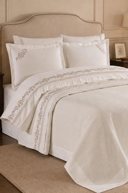 Bougainvillea Vine Embroidered Double Duvet Cover + Pique Set, 7 Pieces