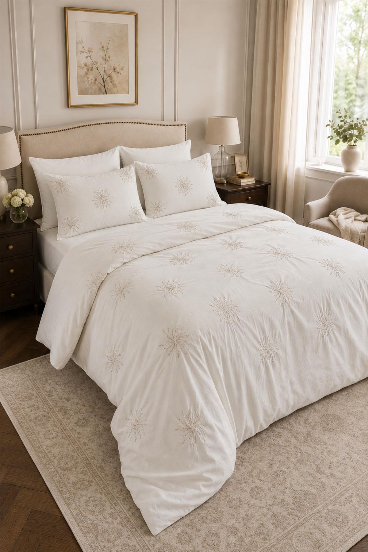 Lorient Pearl Embroidered Cotton Satin Super King Size 6-Piece Duvet Cover Set