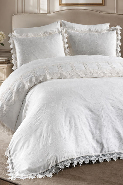 Mirage Lace-Trimmed Cotton Satin Double 6-Piece Duvet Cover Set