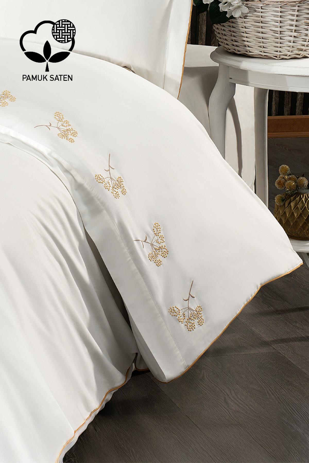 Sementa Çiçek Nakışlı Pamuk Saten Süper King Size 6 Parça Nevresim Takımı - Nazik Home - Yuvama Değer!