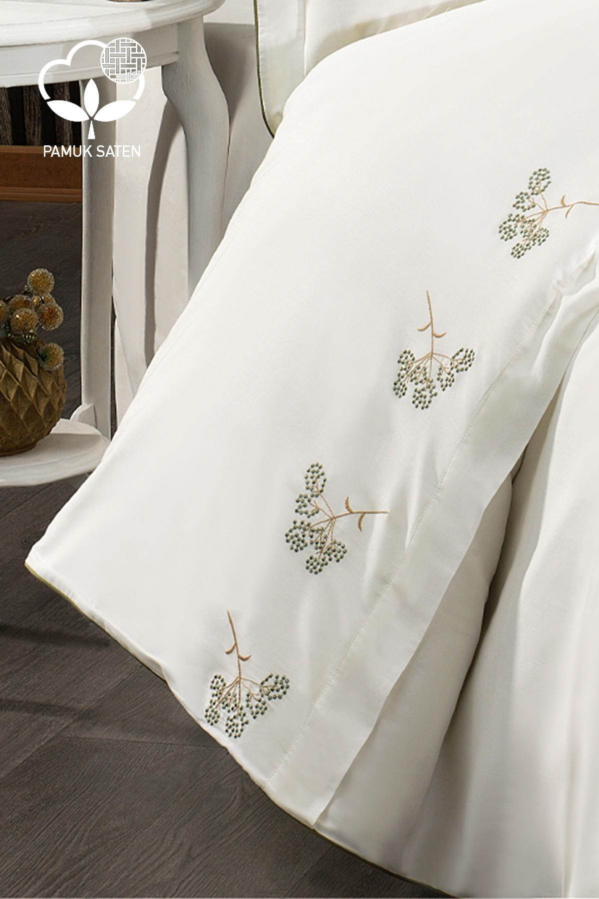 Sementa Çiçek Nakışlı Pamuk Saten Süper King Size 6 Parça Nevresim Takımı - Nazik Home - Yuvama Değer!