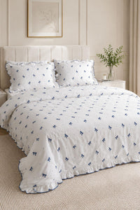 Serena Bow Embroidered Cotton Satin Double 6-Piece Duvet Cover Set