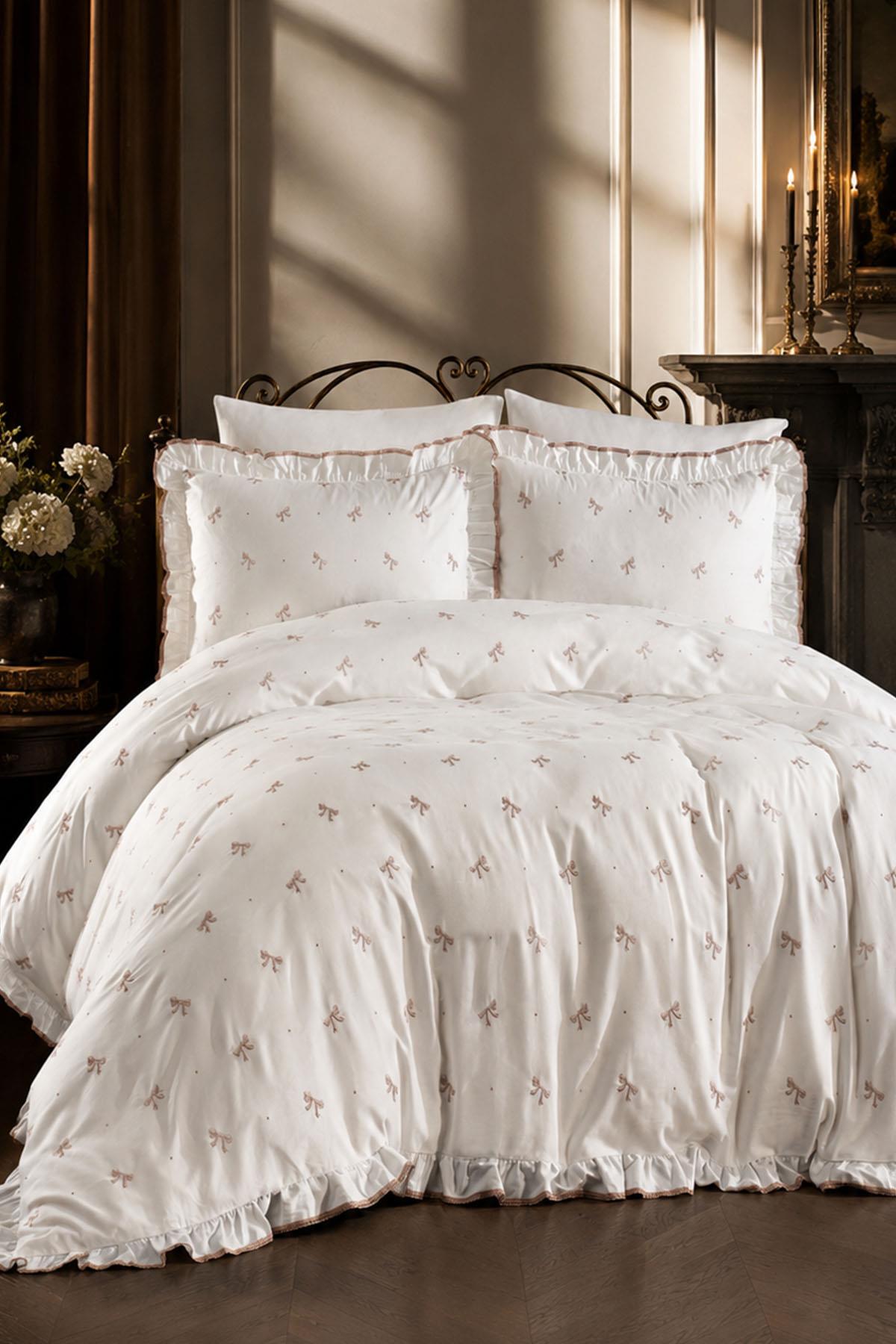Serena Bow Embroidered Cotton Satin Double 6-Piece Duvet Cover Set