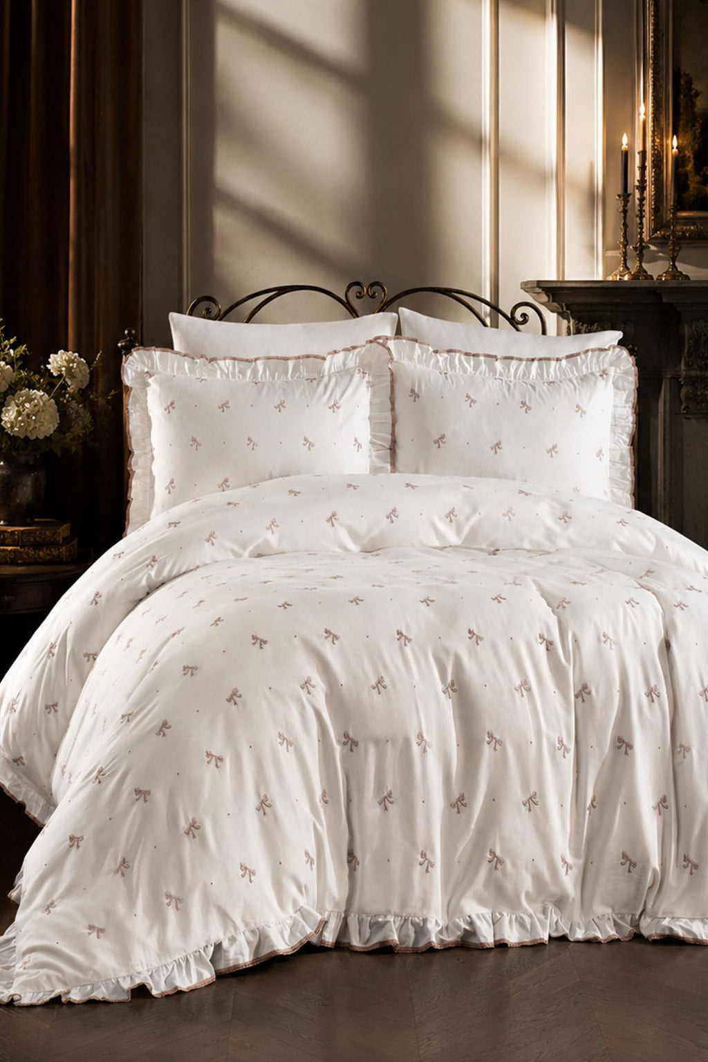 Serena Bow Embroidered Cotton Satin Super King Size 6-Piece Duvet Cover Set