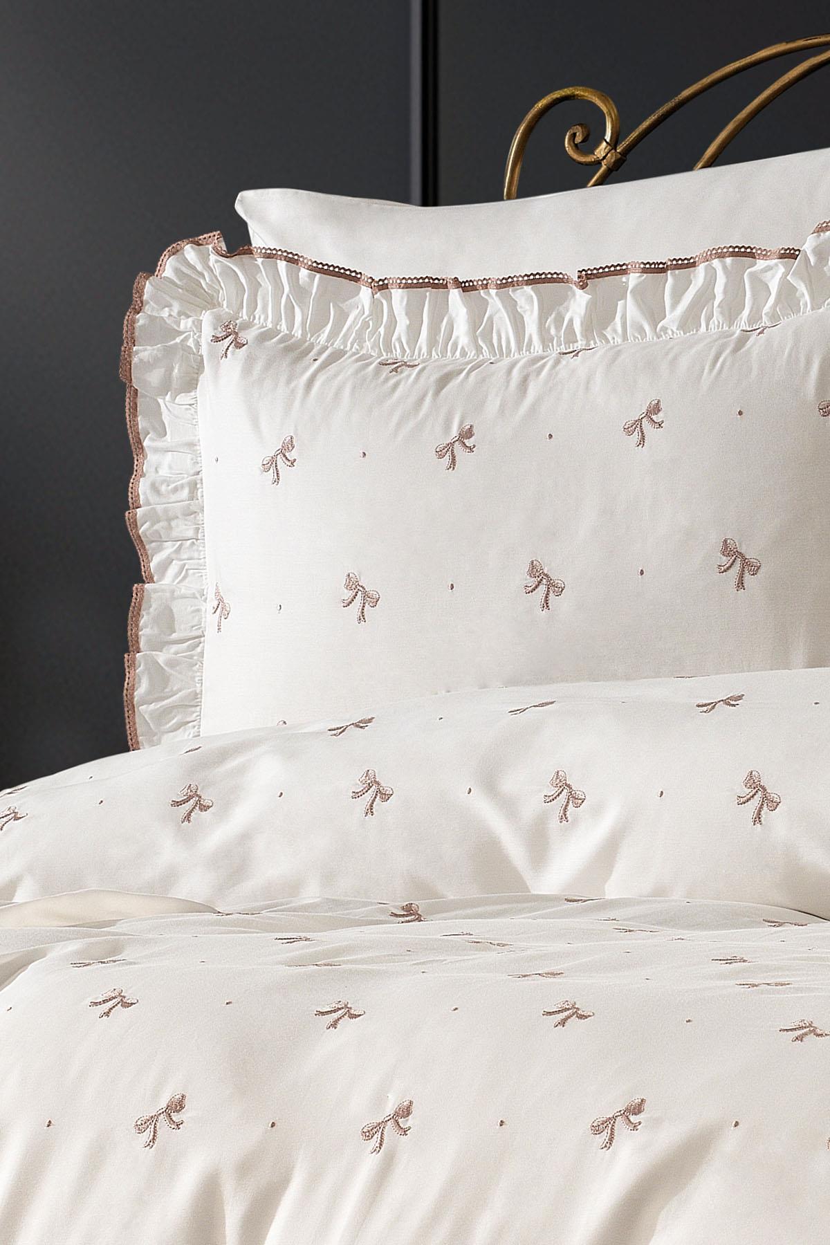 Serena Bow Embroidered Cotton Sateen Single Duvet Cover Set 4 Piece