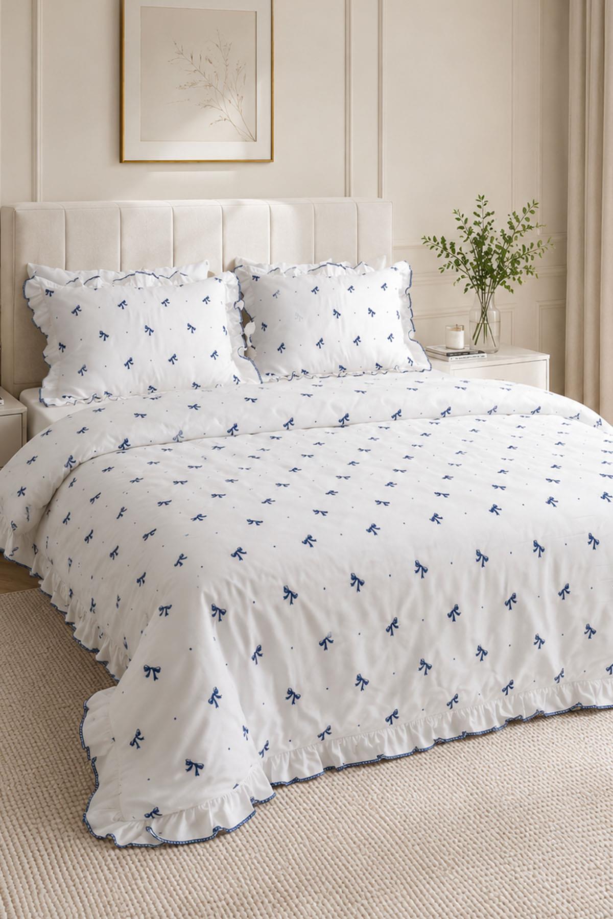 Serena Bow Embroidered Cotton Sateen Single Duvet Cover Set 4 Piece
